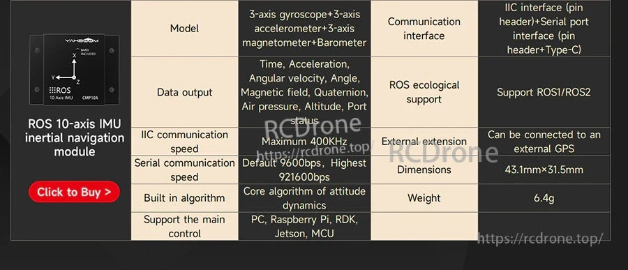 ROS 10-axis IMU inertial navigation module comparison row with interfaces and dimensions