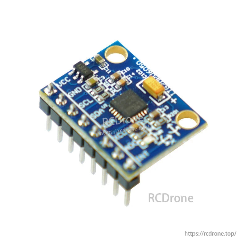 Angled view of MPU6050 sensor breakout board with soldered pin headers and mounting holes