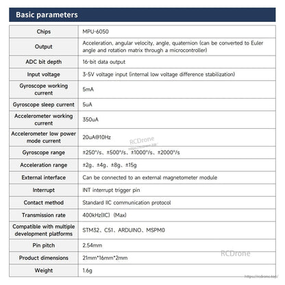 MPU-6050 basic parameters table showing voltage, current, I2C rate, ranges, and size