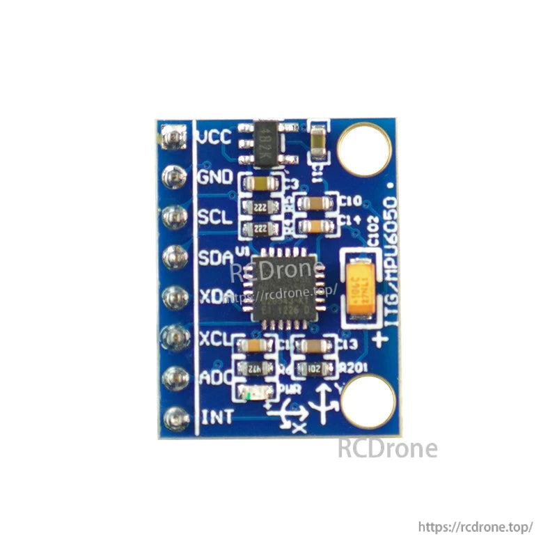 MPU6050 breakout board close-up with labeled pins VCC, GND, SCL, SDA, XDA, XCL, AD0, INT