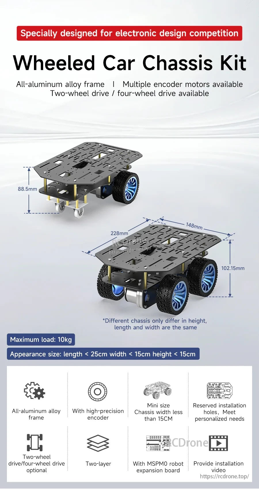Yahboom MSPM0 Smart Robot wheeled car chassis kit overview with 2WD/4WD dimensions and key features