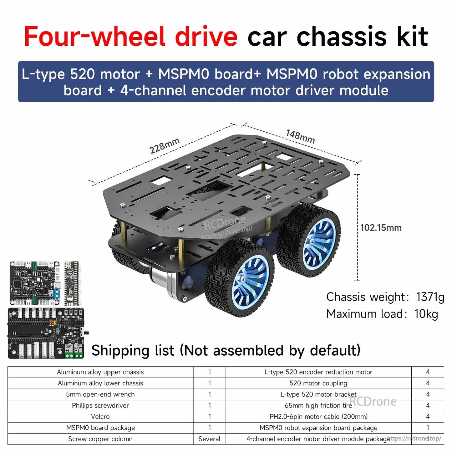 Four-wheel drive car chassis kit poster with dimensions, maximum load, and shipping list details