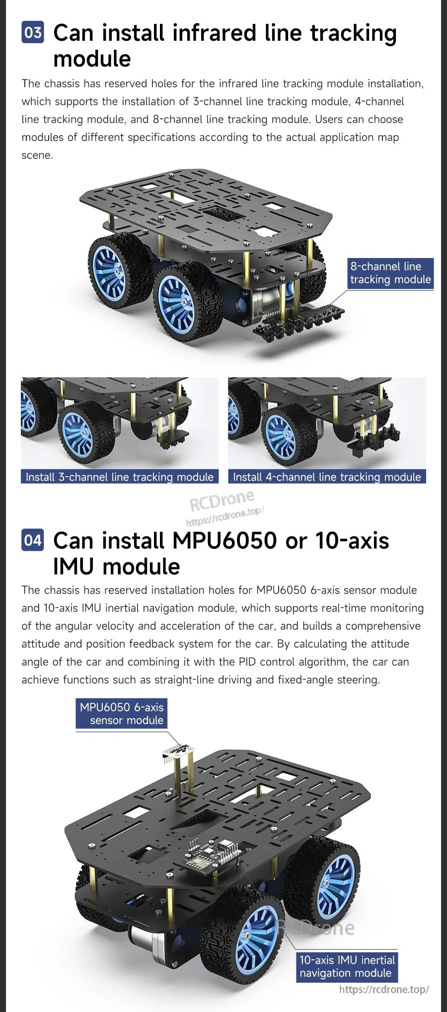 Accessory support for infrared line tracking modules and MPU6050 or 10-axis IMU module installation positions