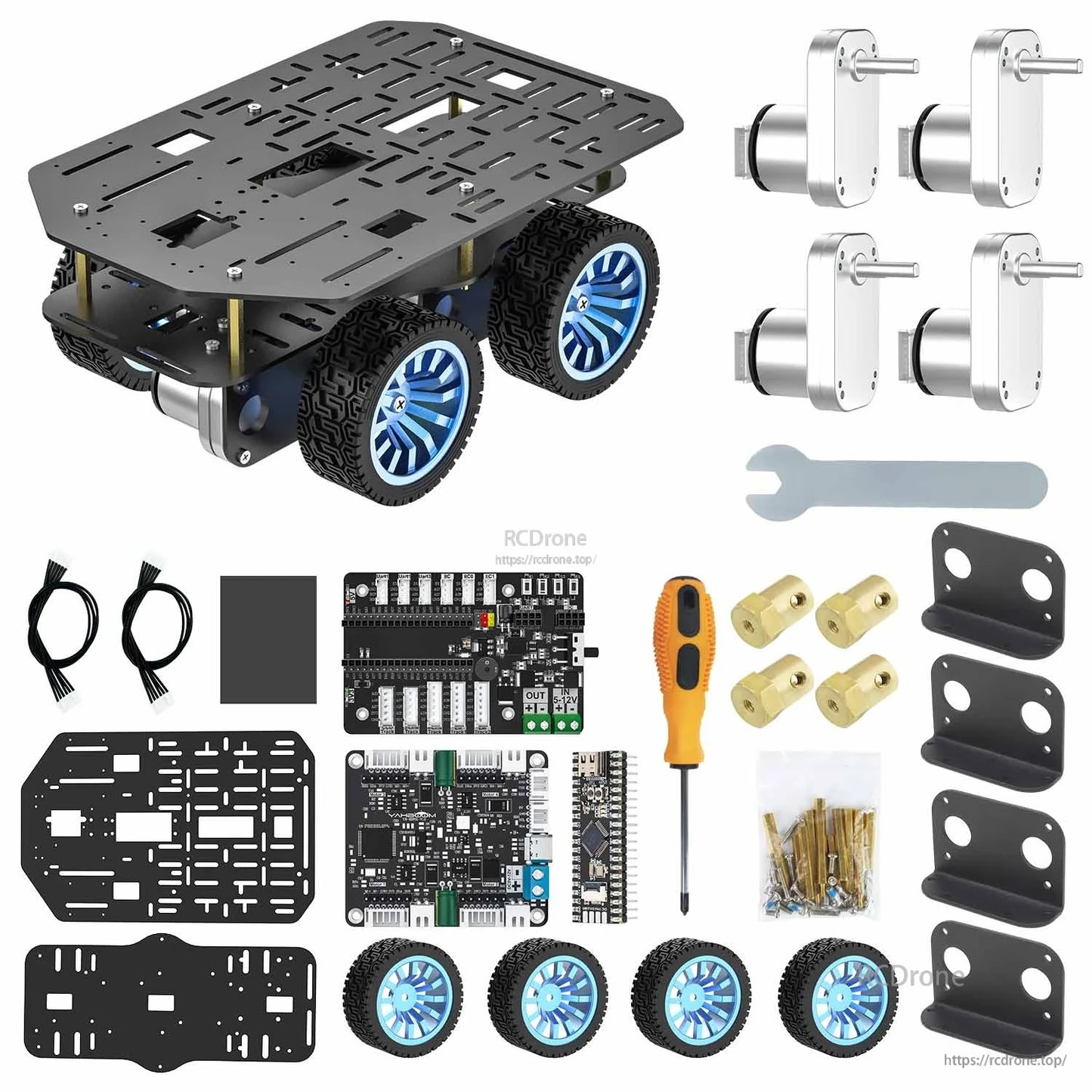 4WD kit parts layout with four motors and wheels, controller boards, brackets, tools, and fasteners