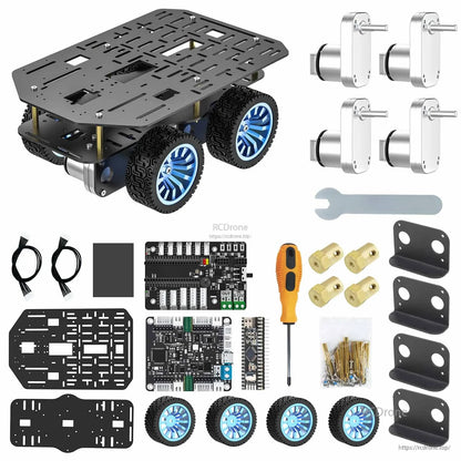 4WD kit parts layout with four motors and wheels, controller boards, brackets, tools, and fasteners