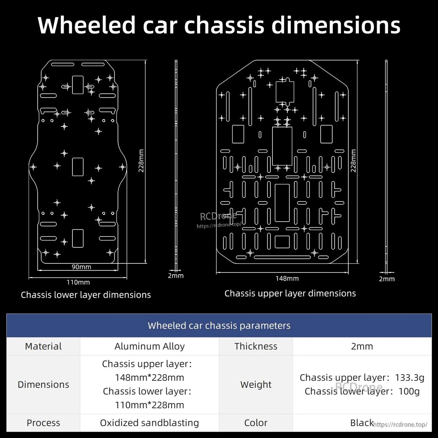 Wheeled car chassis dimensions diagram with upper/lower plate outlines, measurements, and parameters table