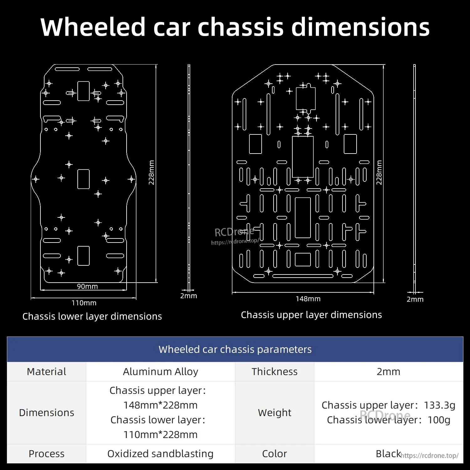 Wheeled car chassis dimensions diagram with upper/lower plate outlines, measurements, and parameters table