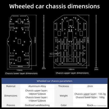 Wheeled car chassis dimensions diagram with upper/lower plate outlines, measurements, and parameters table