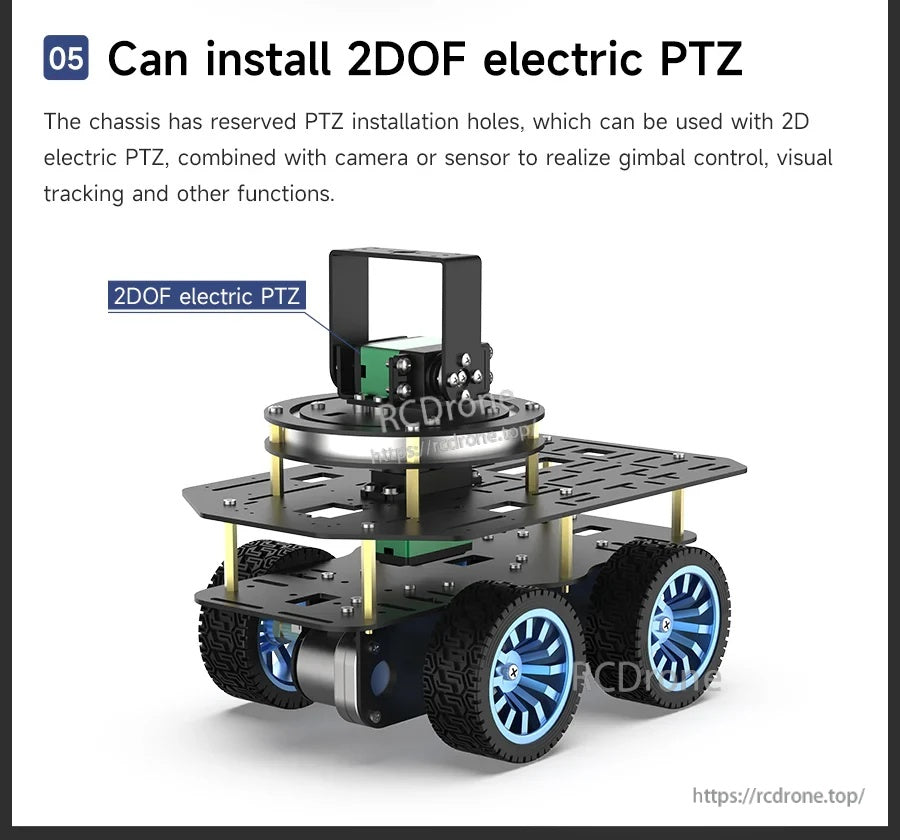 2DOF electric PTZ gimbal mounted on robot chassis for camera or sensor tracking expansion