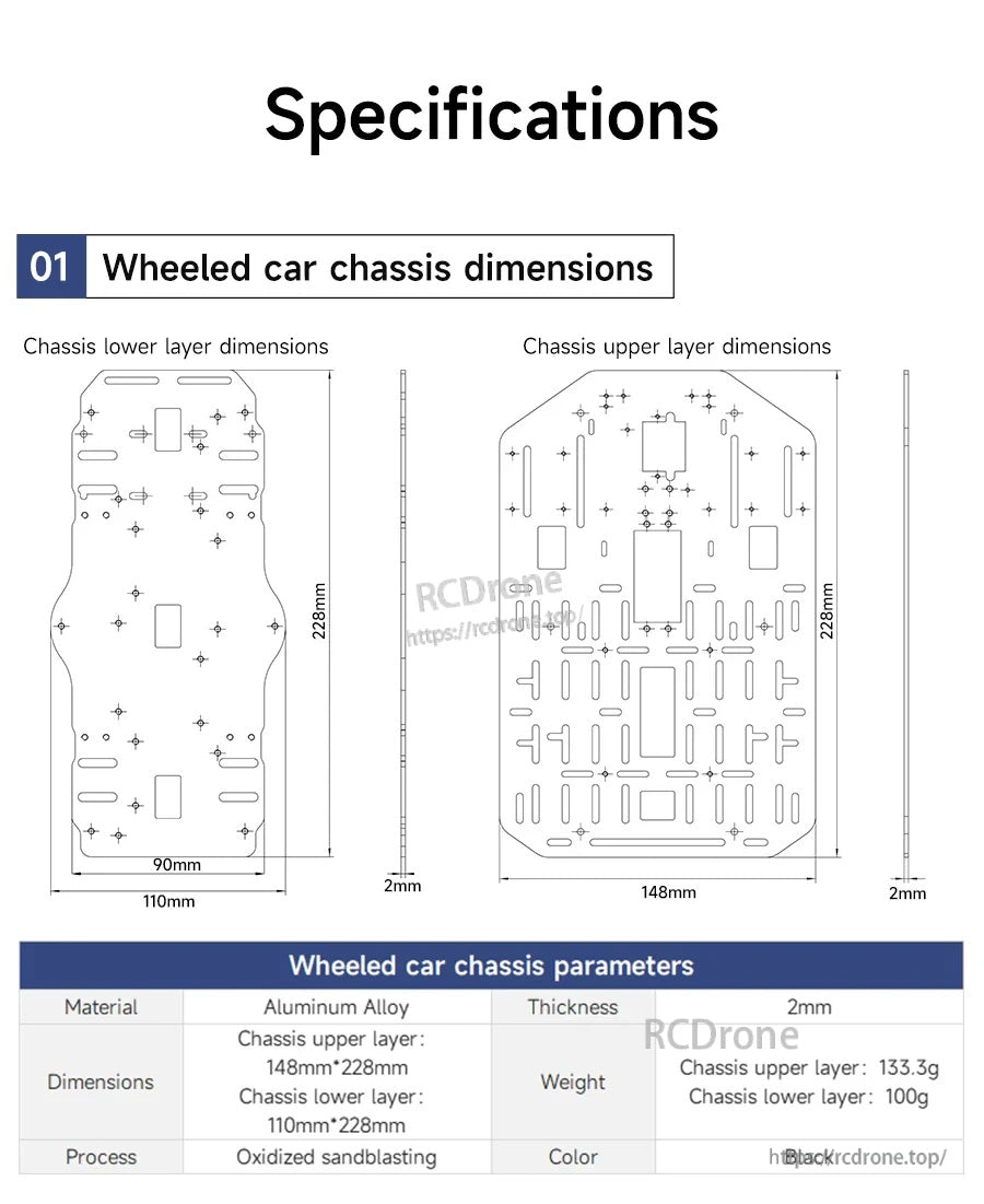 Specification diagram for Yahboom MSPM0 smart robot wheeled car chassis plates with 228mm length and 2mm thickness
