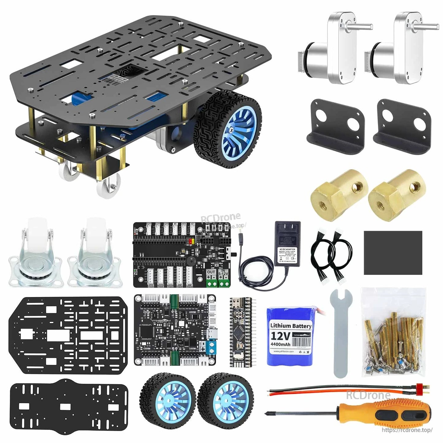 Kit contents layout with assembled chassis, motors, wheels, boards, battery, charger, tools, and hardware