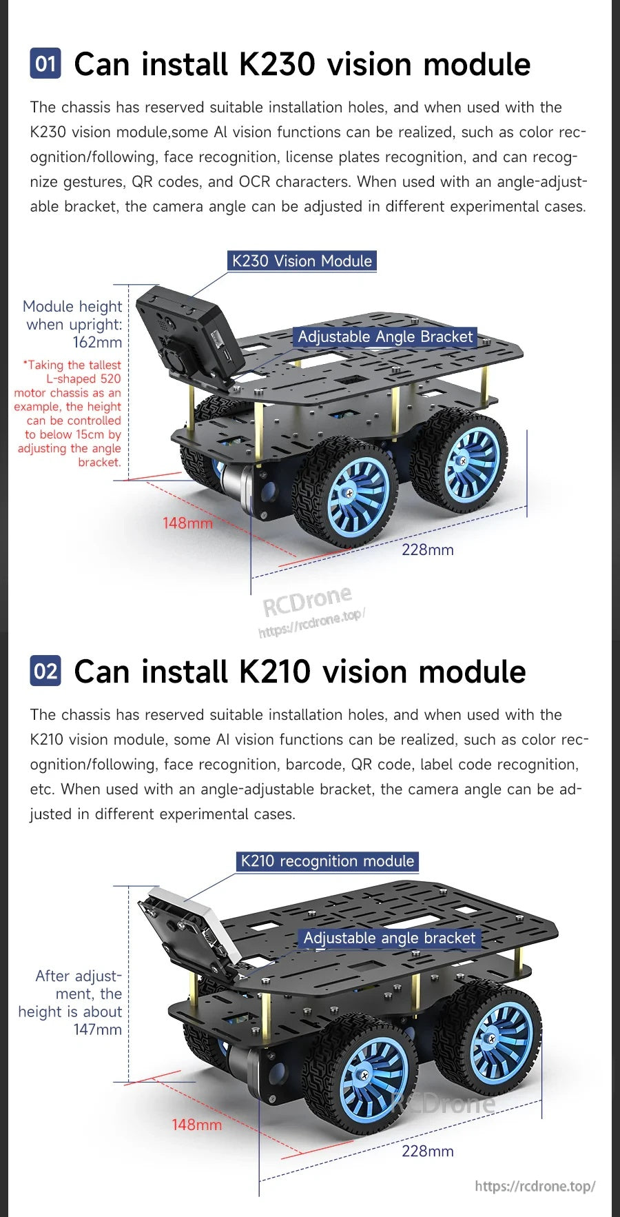 Chassis mounting support for K230 and K210 vision modules with adjustable angle bracket and dimensions