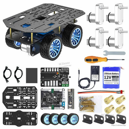 Kit contents with chassis, boards, battery and charger, four motors, wheels, wiring, tools, and brackets