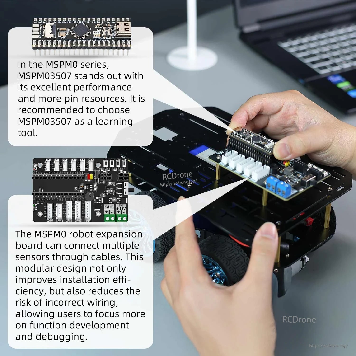 Hands installing MSPM0 board and expansion board on chassis, showing wiring/connector layout for sensors