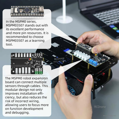 Hands installing MSPM0 board and expansion board on chassis, showing wiring/connector layout for sensors