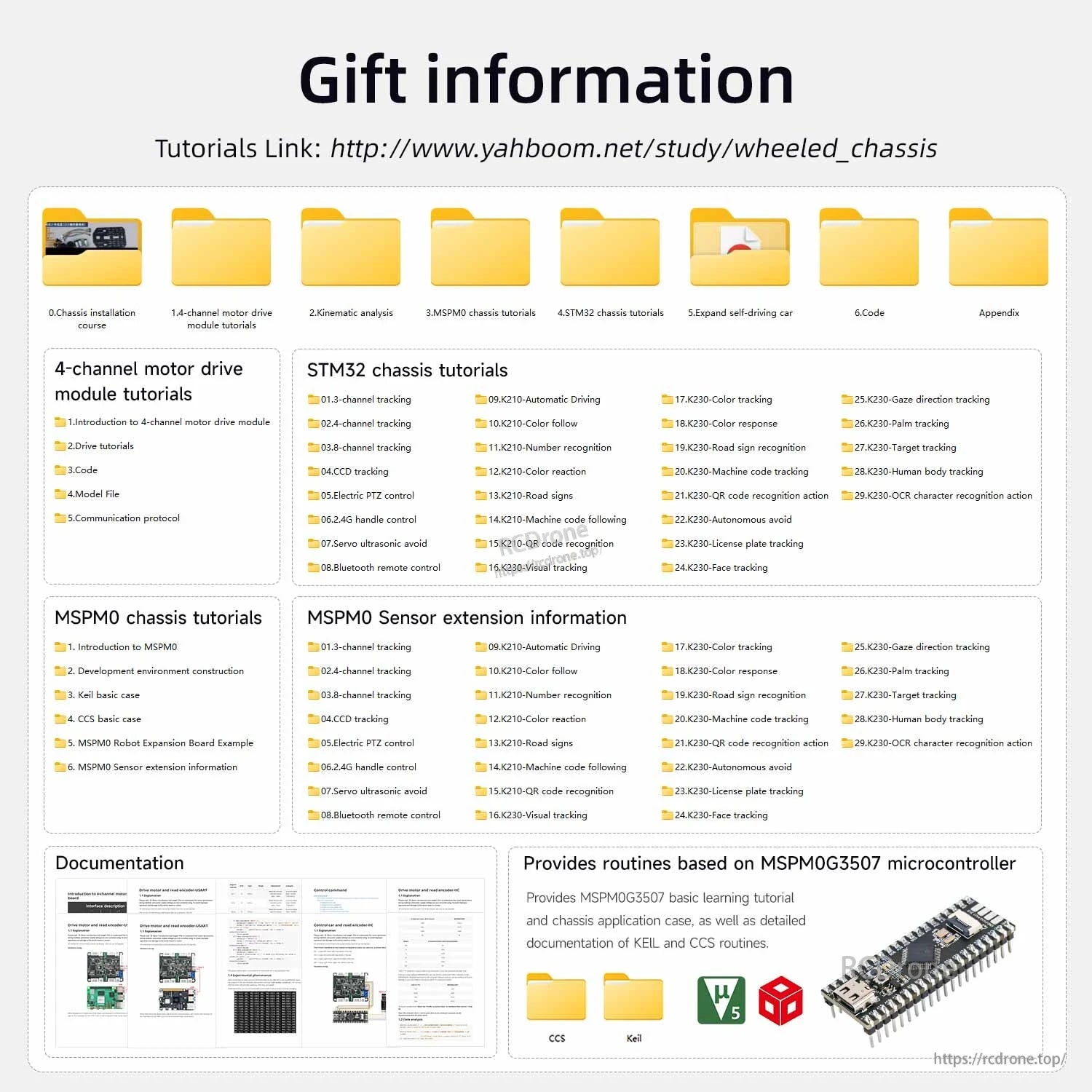 Gift information graphic listing tutorials, documentation folders, and MSPM0 chassis learning resources link