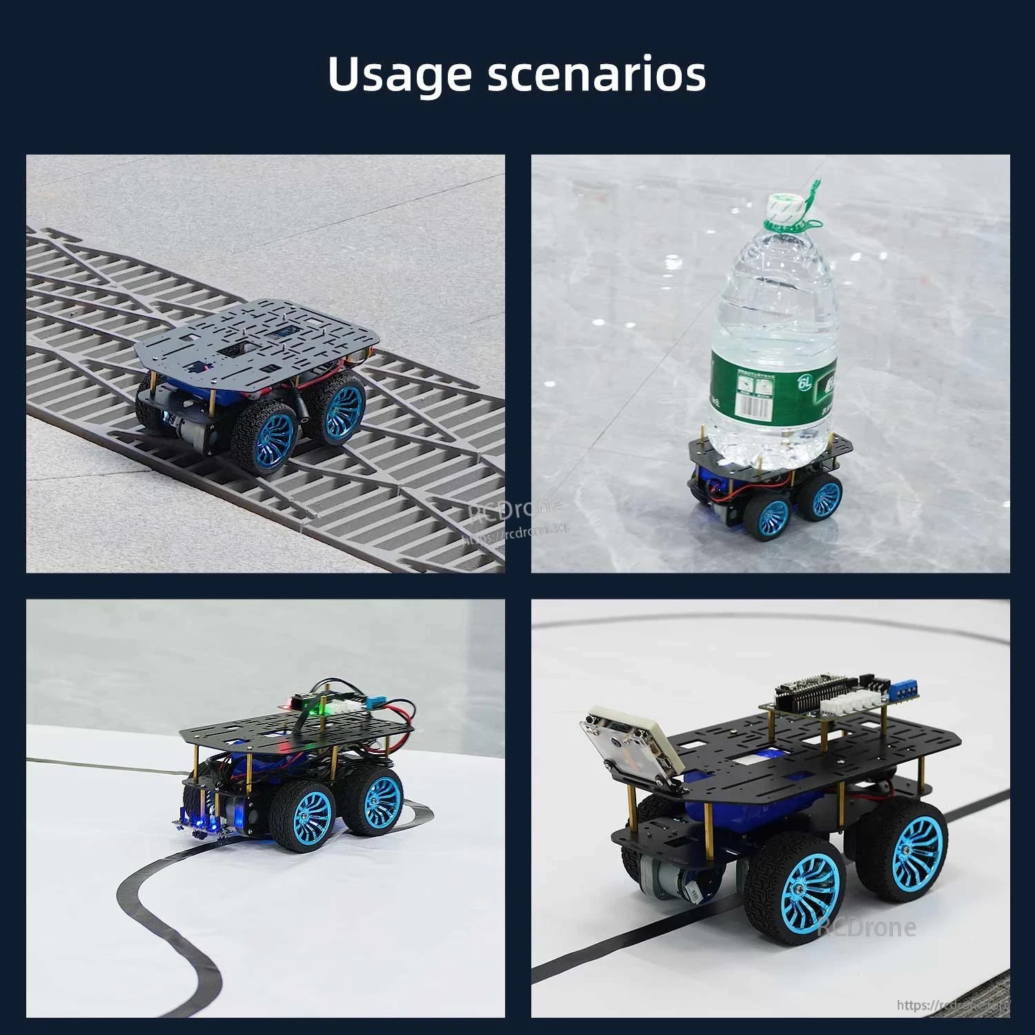 Usage scenarios collage: chassis on track, carrying bottle load, and running with mounted electronics