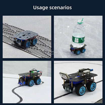 Usage scenarios collage: chassis on track, carrying bottle load, and running with mounted electronics