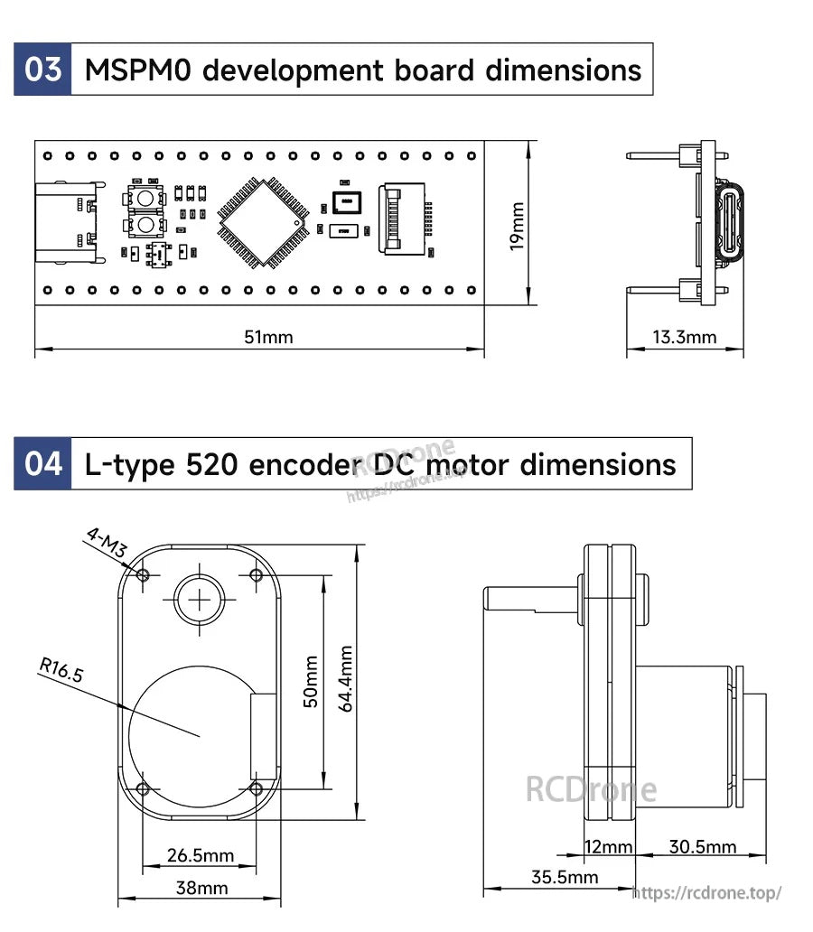 Dimension diagram of MSPM0 development board (51×19 mm) and L-type 520 encoder DC motor with mounting measurements