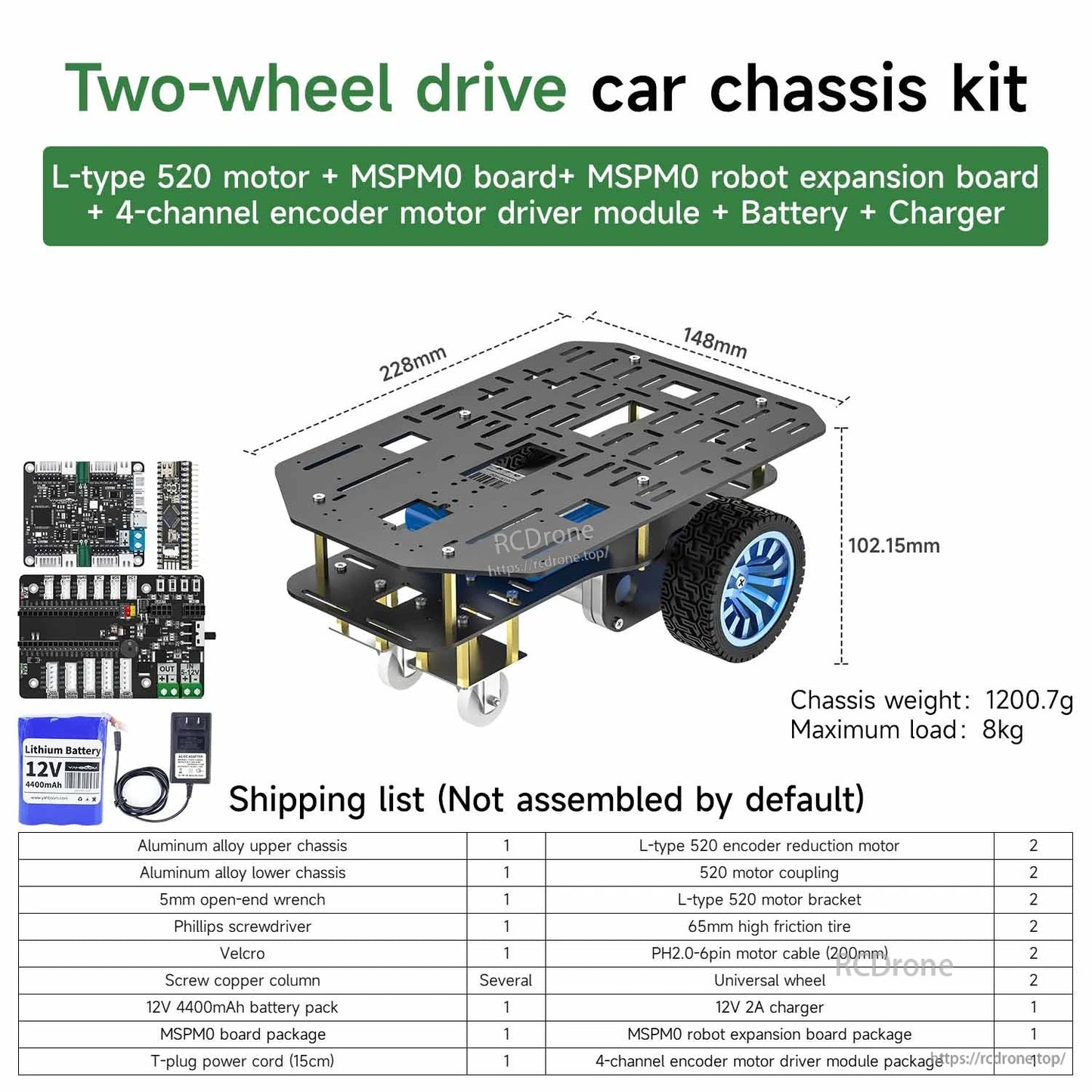 Yahboom MSPM0 Smart Robot two-wheel drive car chassis kit with size diagram and shipping list