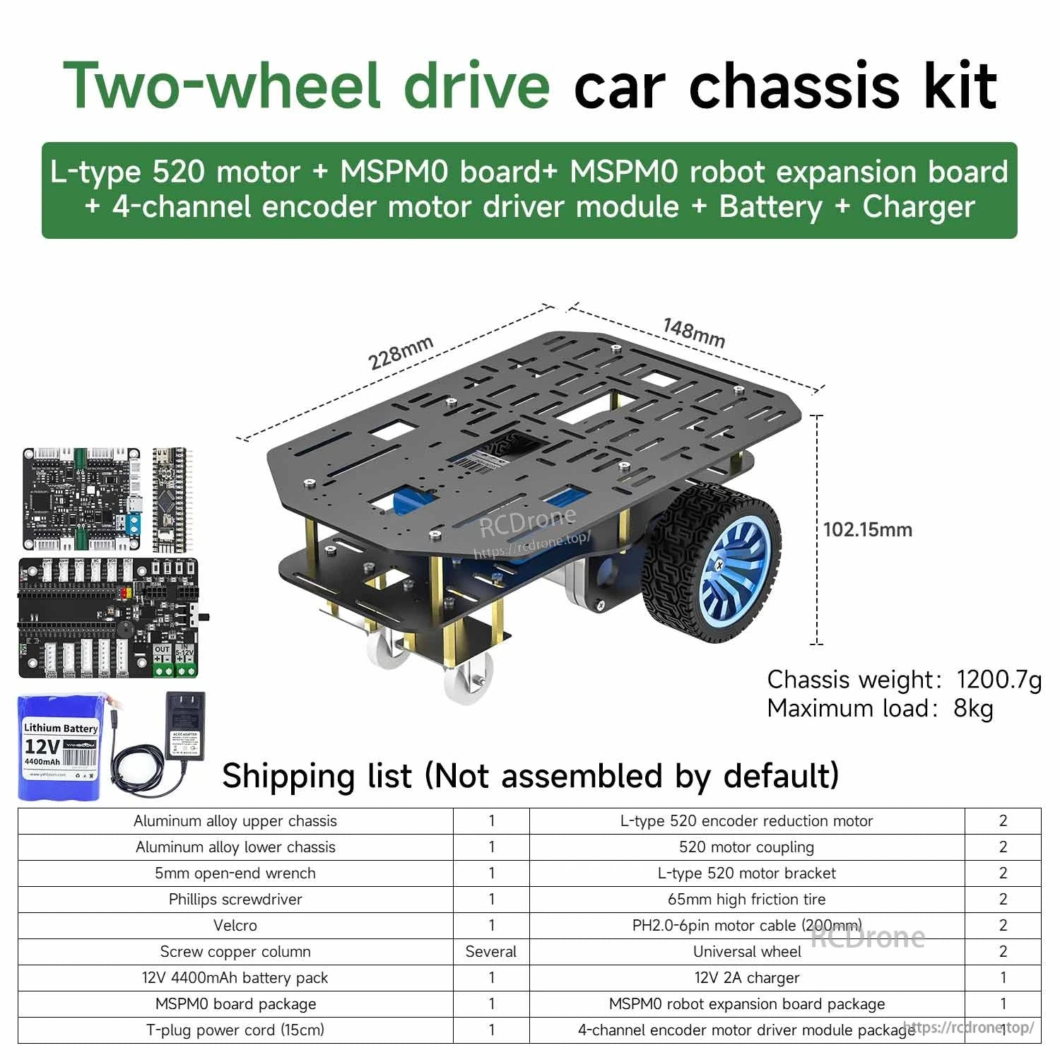 Yahboom MSPM0 Smart Robot two-wheel drive car chassis kit with size diagram and shipping list