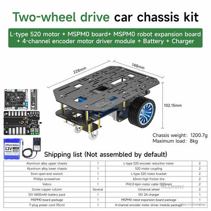 Yahboom MSPM0 Smart Robot two-wheel drive car chassis kit with size diagram and shipping list