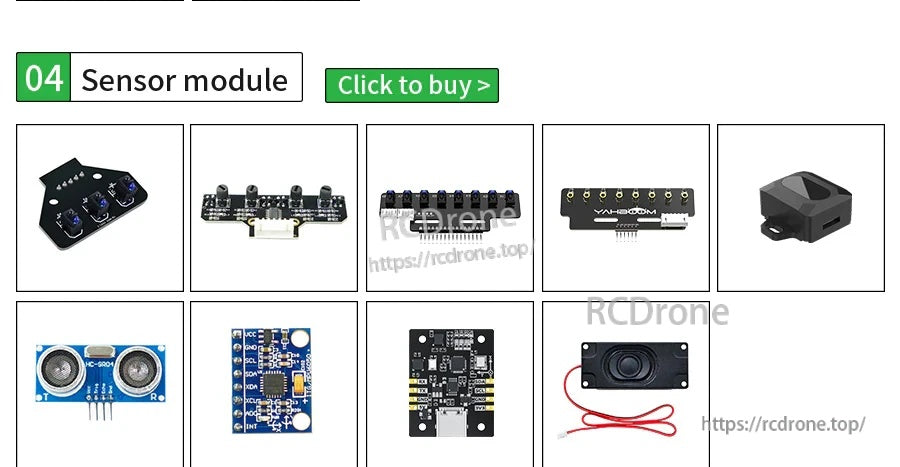 Grid of smart robot sensor modules including ultrasonic distance sensor, camera module, and small interface boards