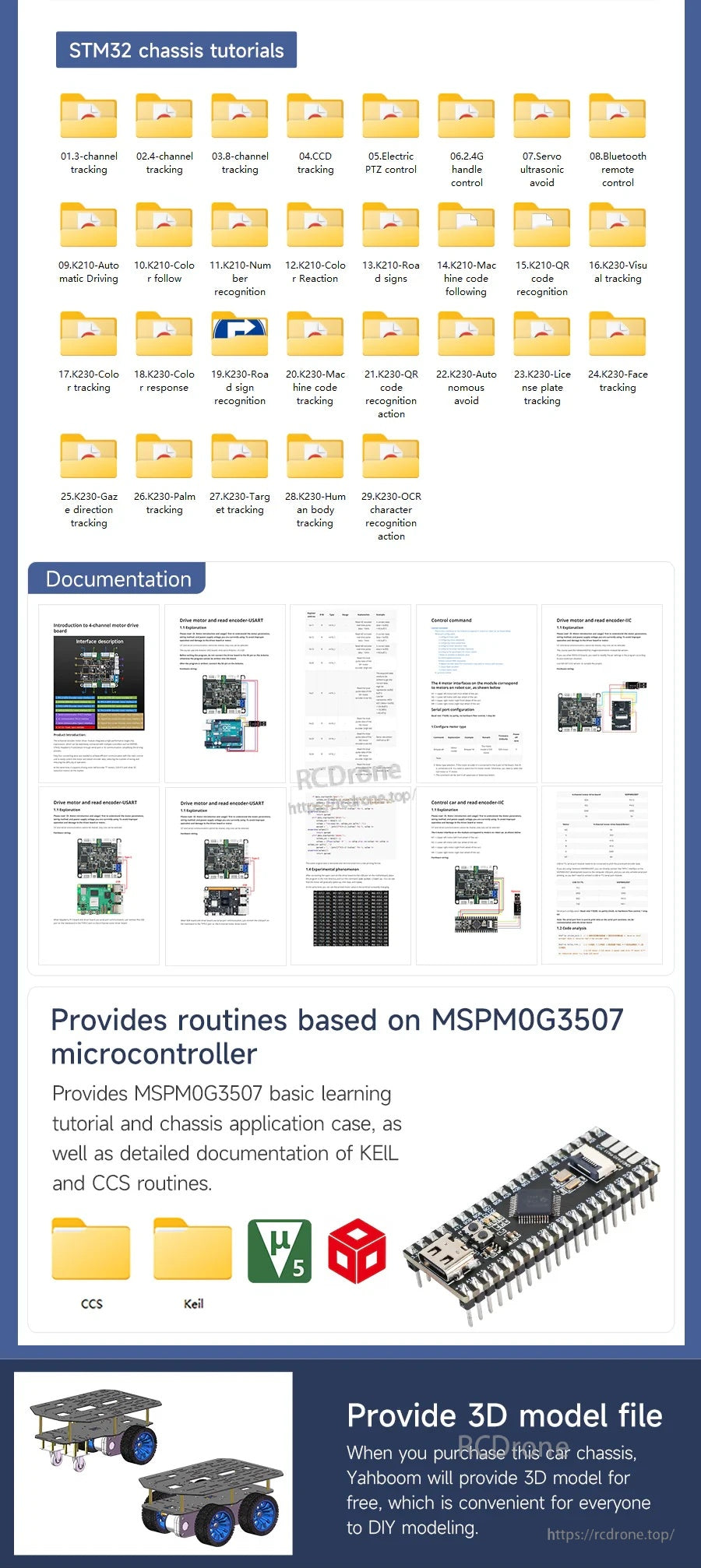 Resource page for Yahboom MSPM0 smart robot with MCU routine files, documentation downloads, and 3D model assets