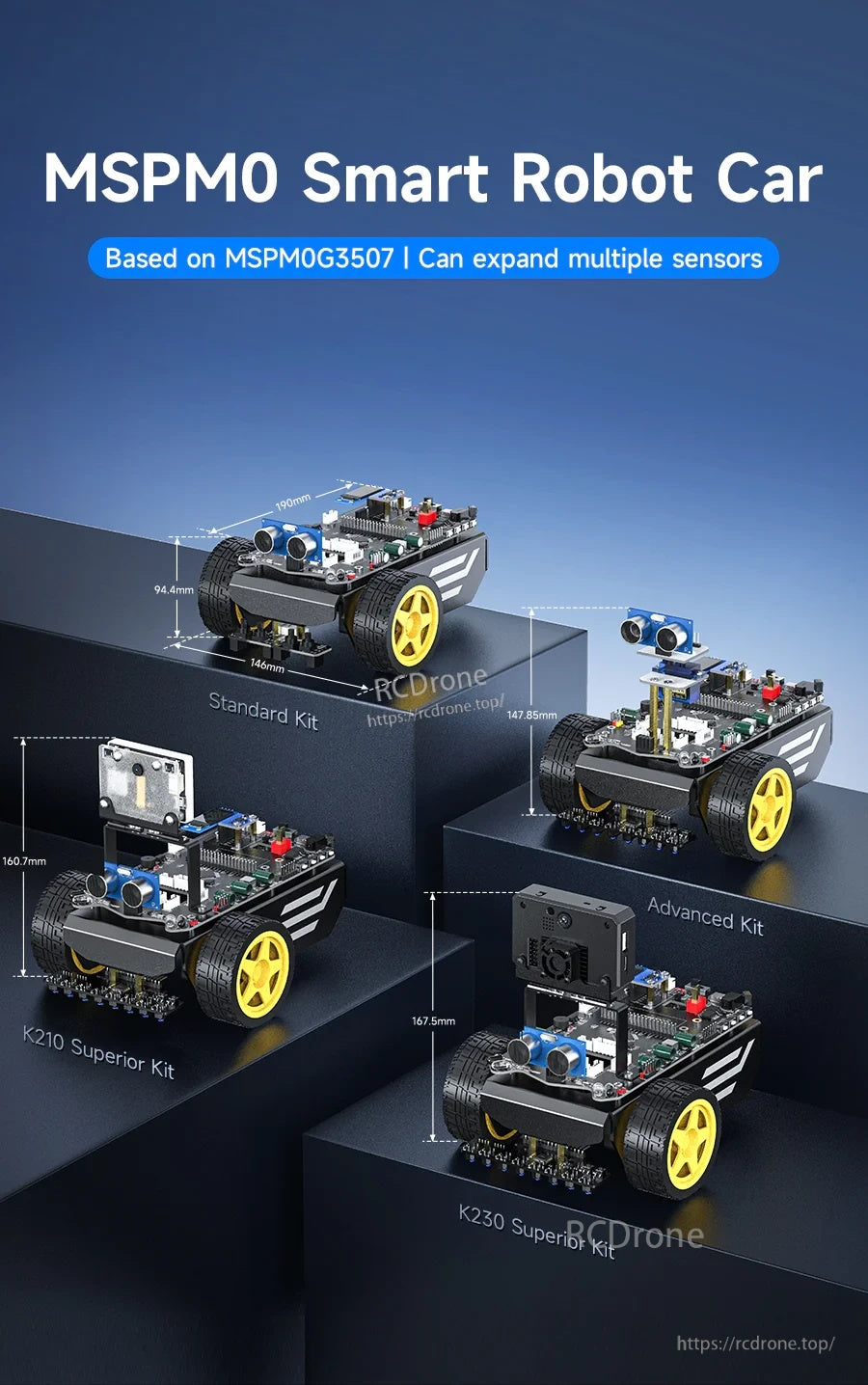 Yahboom MSPM0G3507 Smart Robot car kits overview, with Standard, Advanced, K210 Superior, and K230 Superior options