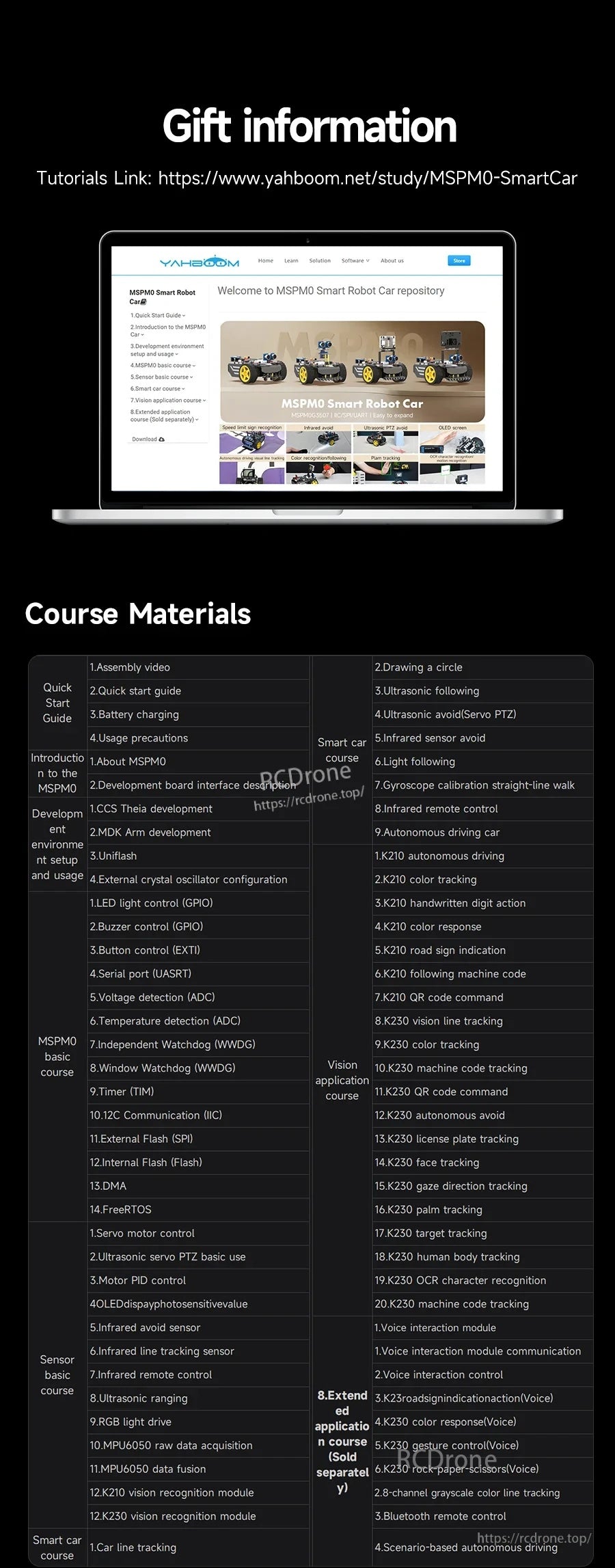 Yahboom smart robot gift information screen with tutorial link and course materials list for MSPM0 Smart Car