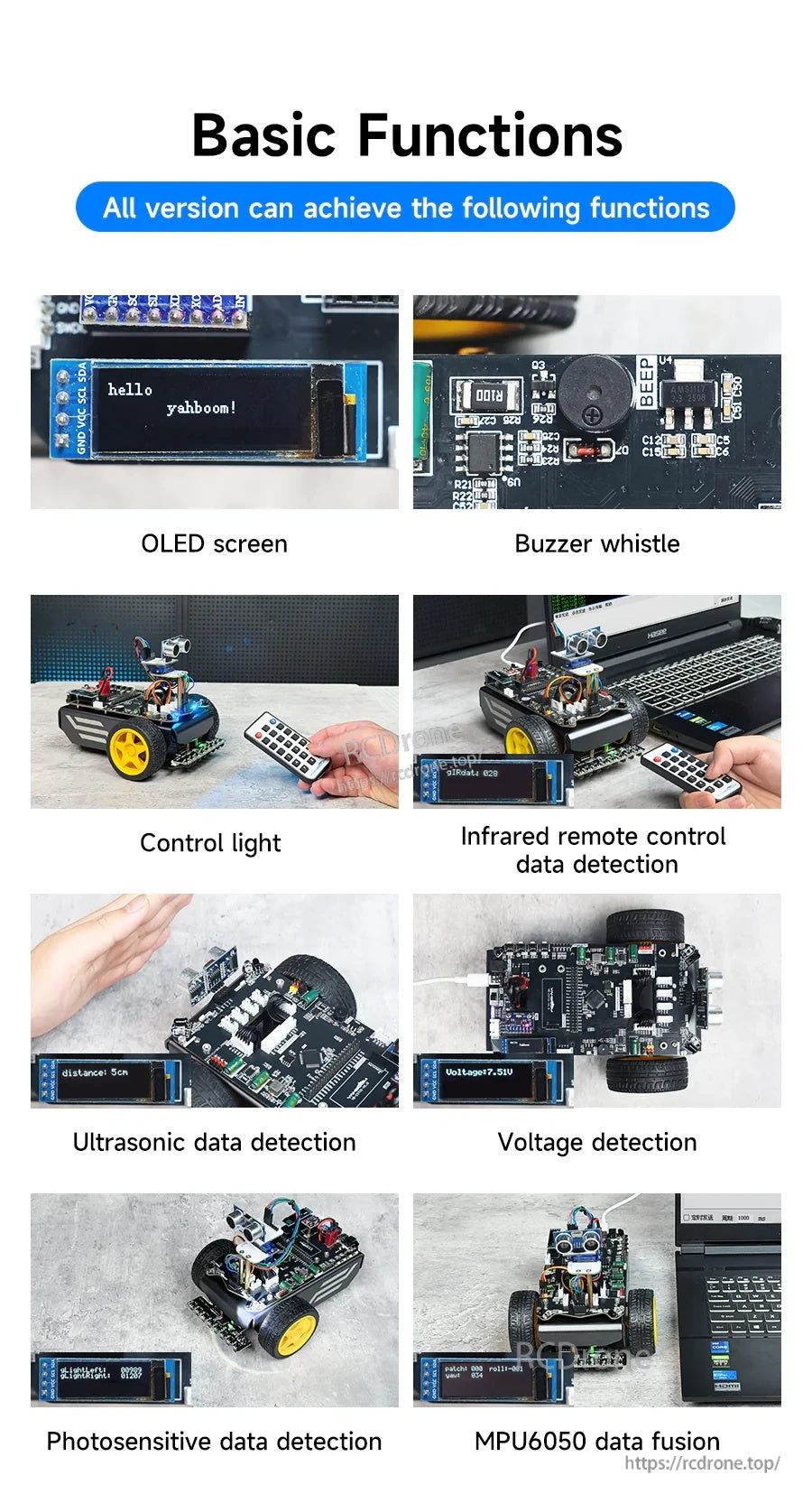 Basic functions collage: OLED display, buzzer, lights, infrared remote data, ultrasonic, voltage, photosensitive, MPU6050