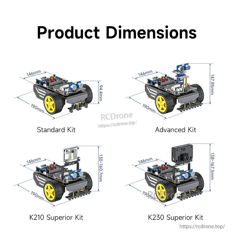 Yahboom MSPM0G3507 smart robot car kit dimensions chart with four configurations and size measurements