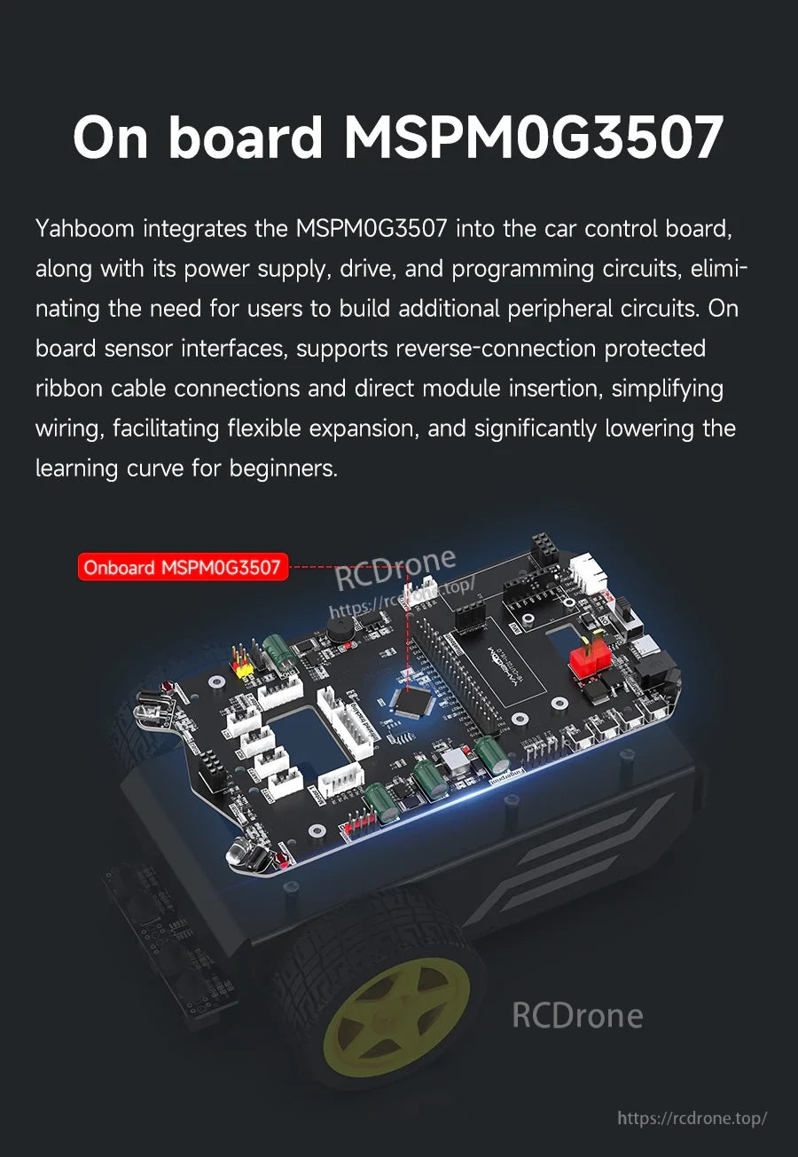 Close-up of control board highlighting onboard MSPM0G3507 MCU, power and motor driver circuits, and sensor connectors