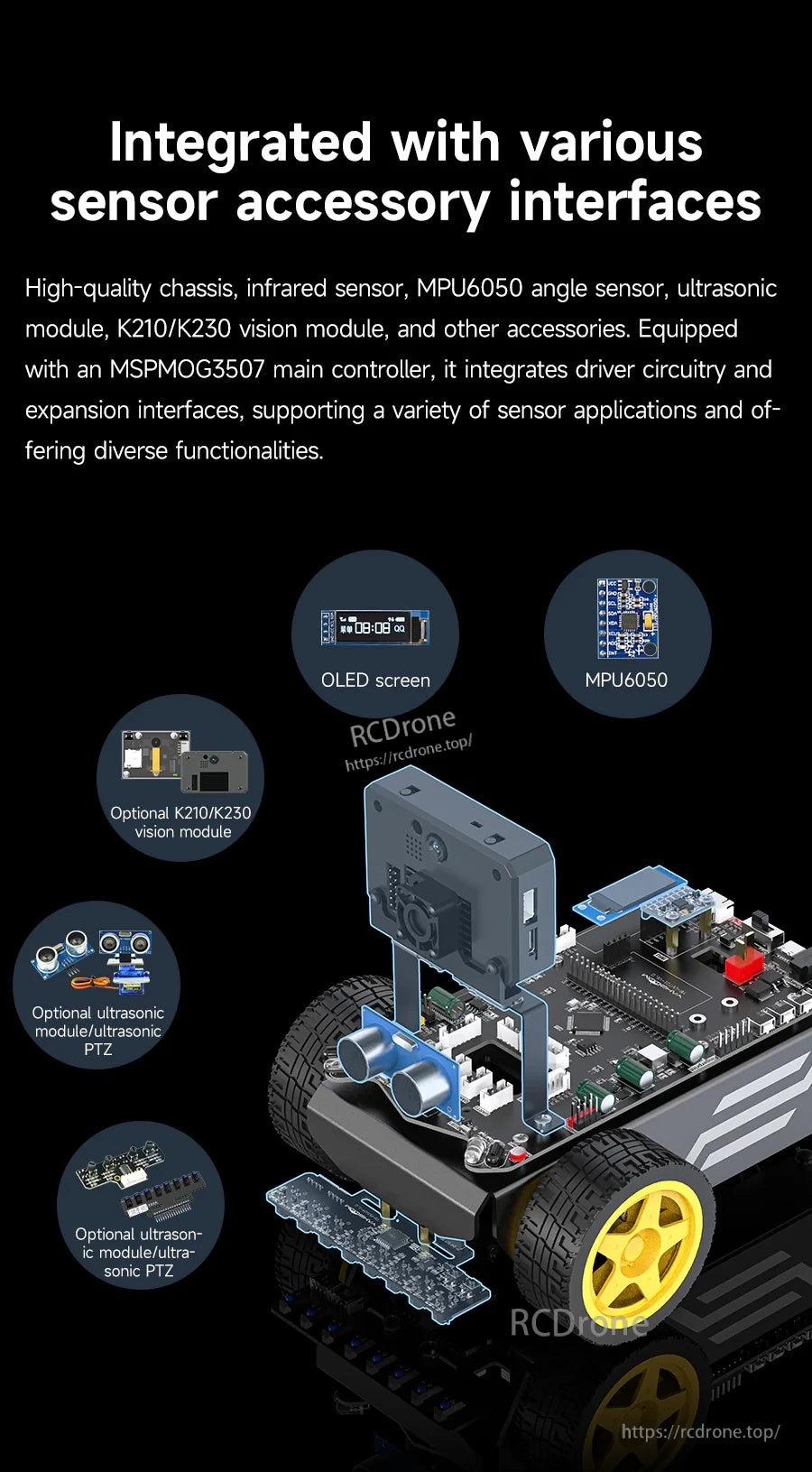Robot car with callouts for OLED screen, MPU6050, optional K210/K230 vision module, ultrasonic, and sensor interfaces