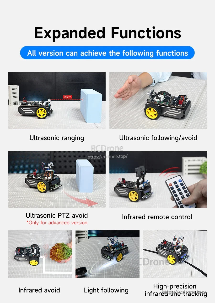Expanded functions collage: ultrasonic ranging and follow/avoid, infrared control/avoid, light following, line tracking