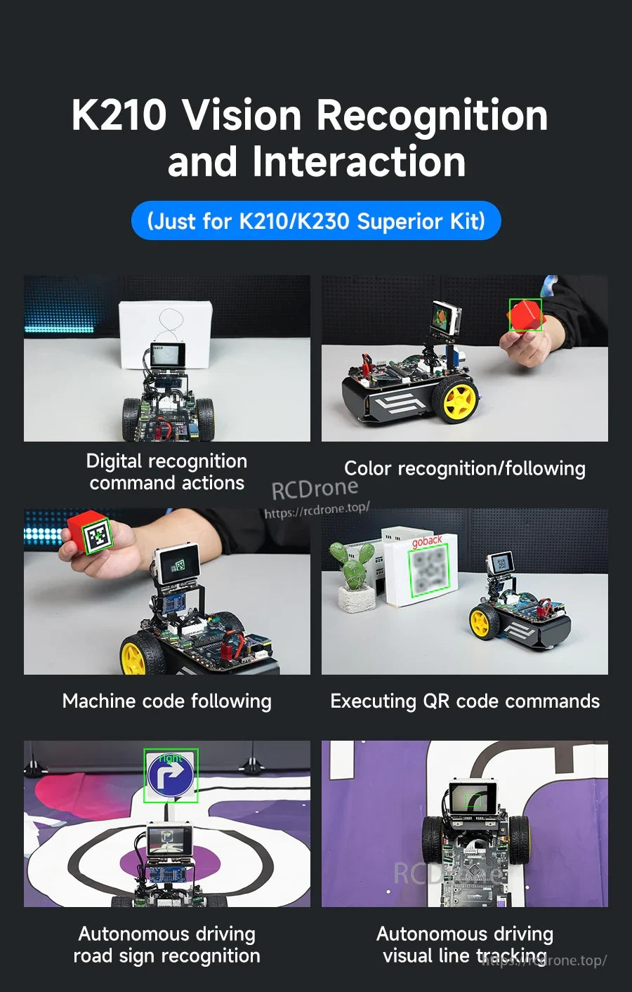 K210 vision recognition examples for robot car: digit and color recognition, QR commands, road signs, visual line tracking