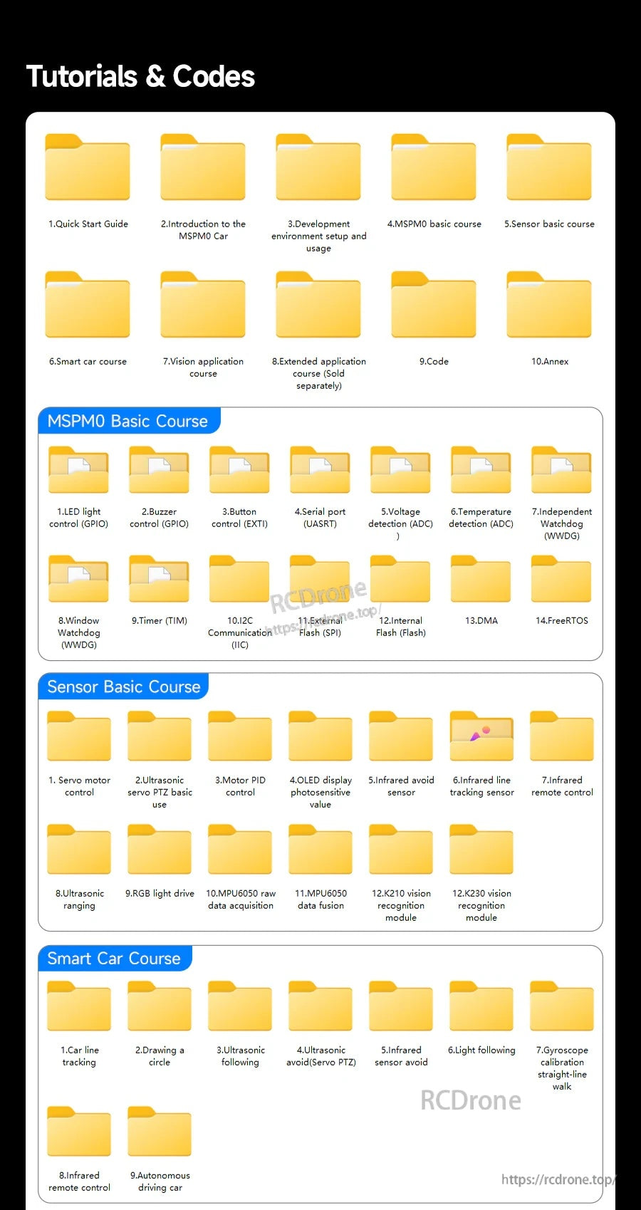 Screenshot of Yahboom MSPM0G3507 smart robot tutorials and code folders for MSPM0, sensors, and smart car projects
