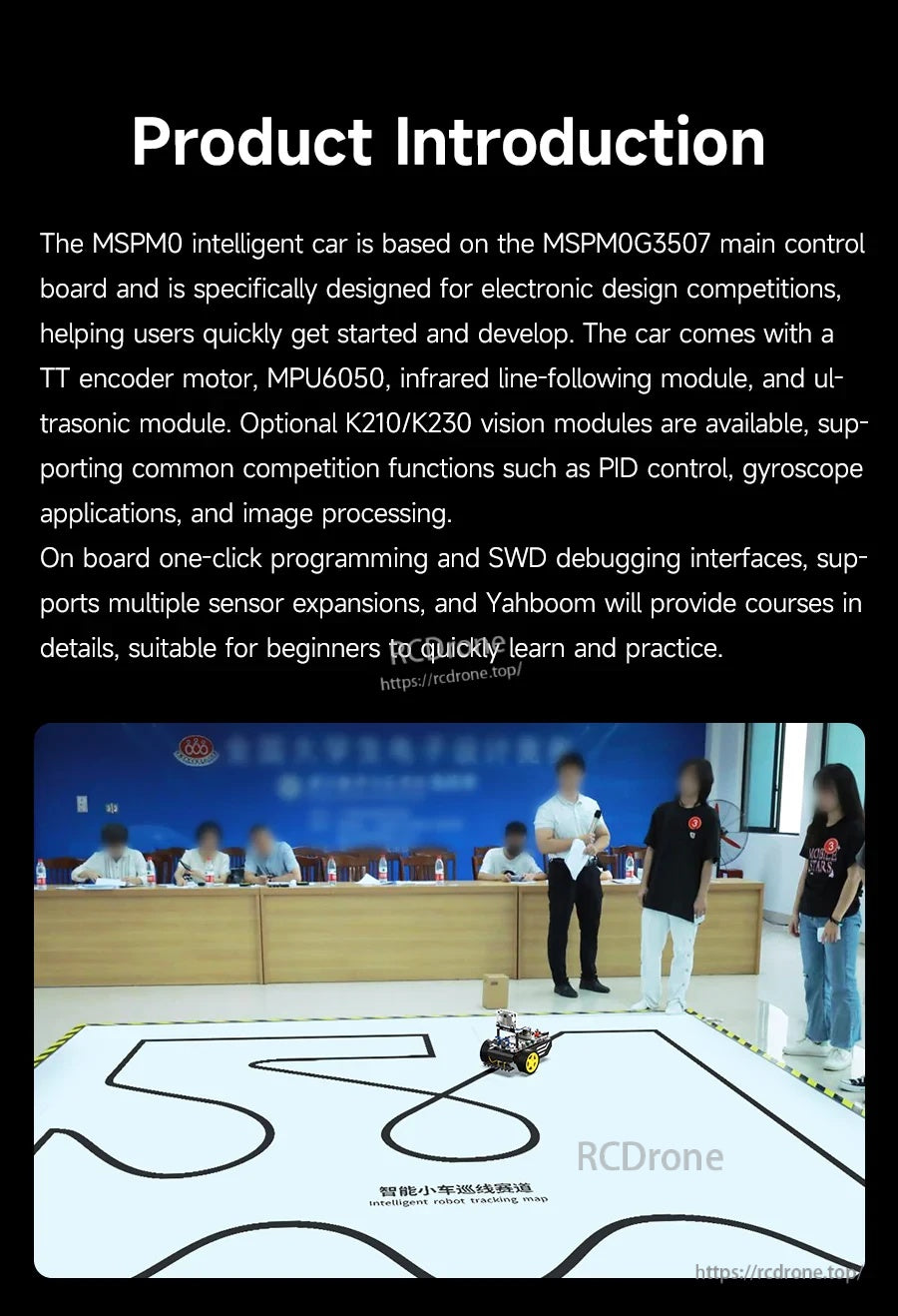 Product introduction slide for MSPM0 robot car, with classroom track demo and participants with blurred faces
