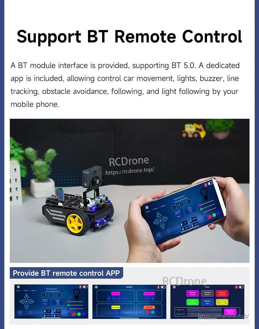 Bluetooth remote control support page with phone app interface controlling robot car movement, lights, and functions