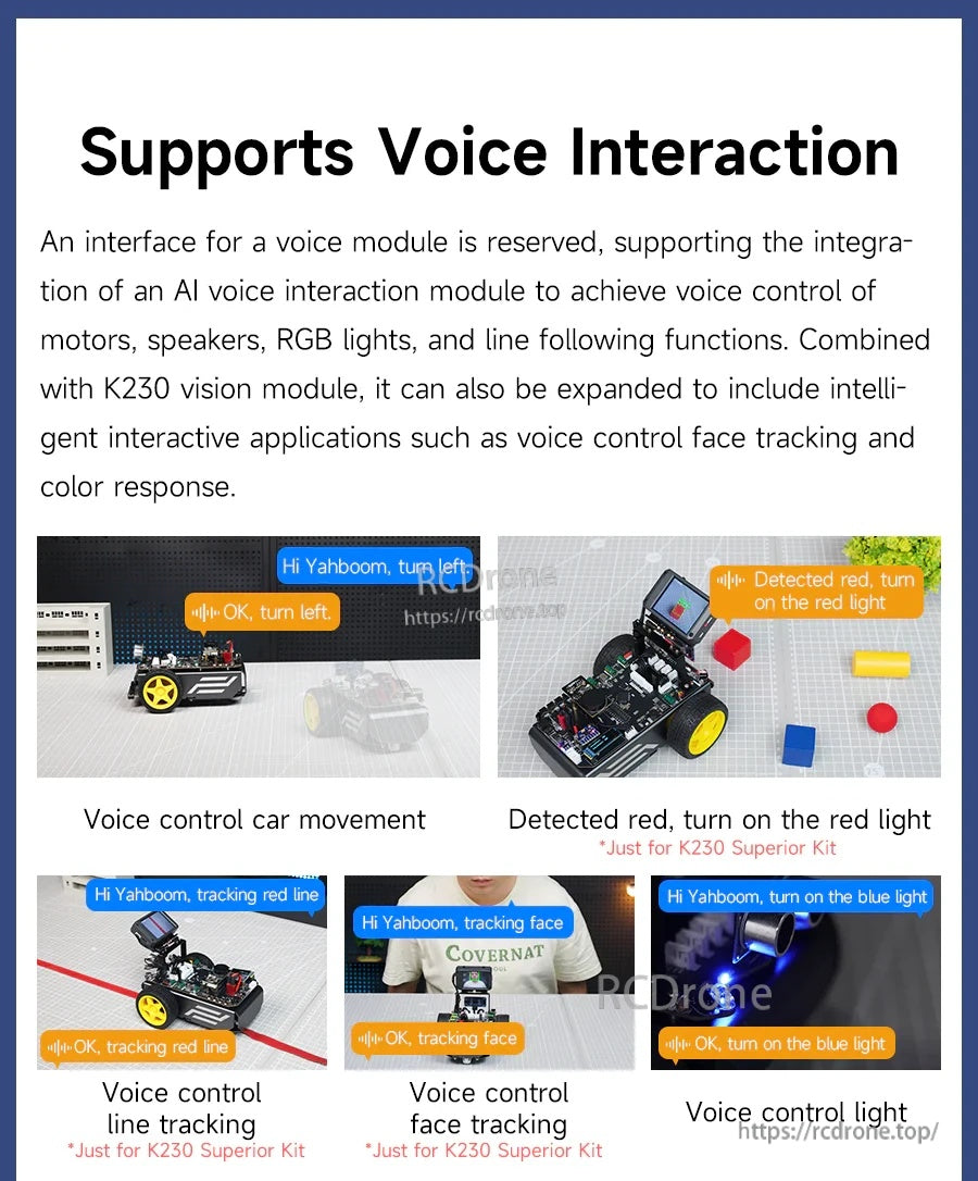 Voice interaction feature page: voice control for movement, line tracking, face tracking, and color-triggered actions