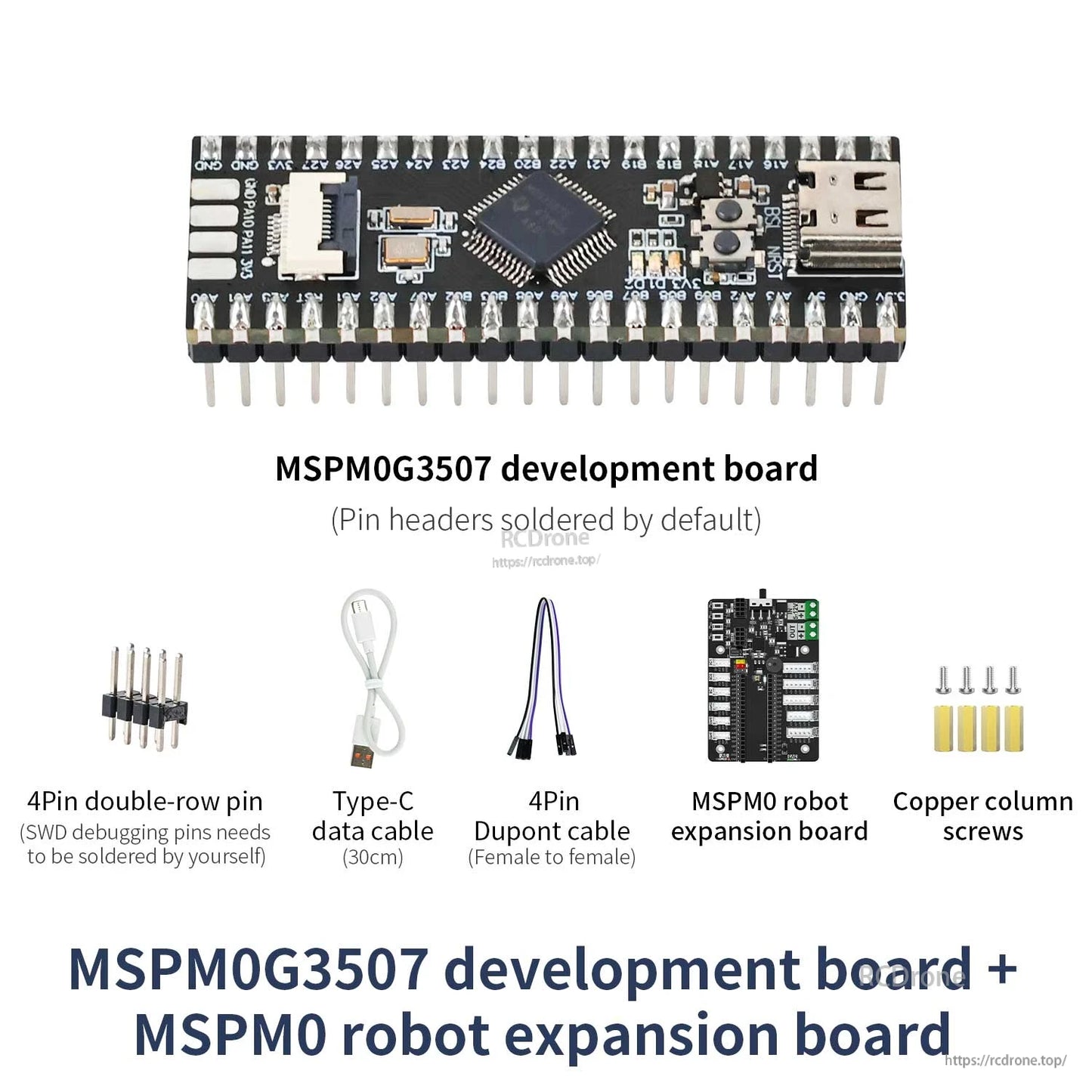 Bundle contents: MSPM0G3507 board with MSPM0 robot expansion board, Type-C cable, Dupont cable, screws and standoffs