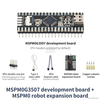 Bundle contents: MSPM0G3507 board with MSPM0 robot expansion board, Type-C cable, Dupont cable, screws and standoffs