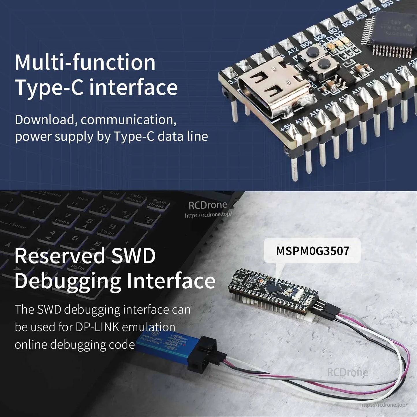 Type-C interface and reserved SWD debugging interface graphic with example wiring to debug adapter