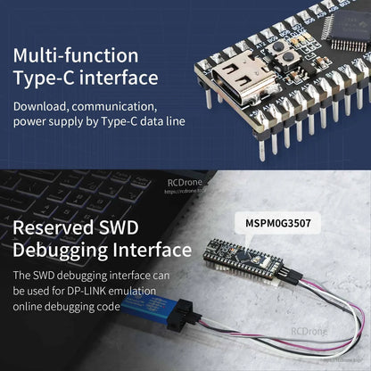 Type-C interface and reserved SWD debugging interface graphic with example wiring to debug adapter
