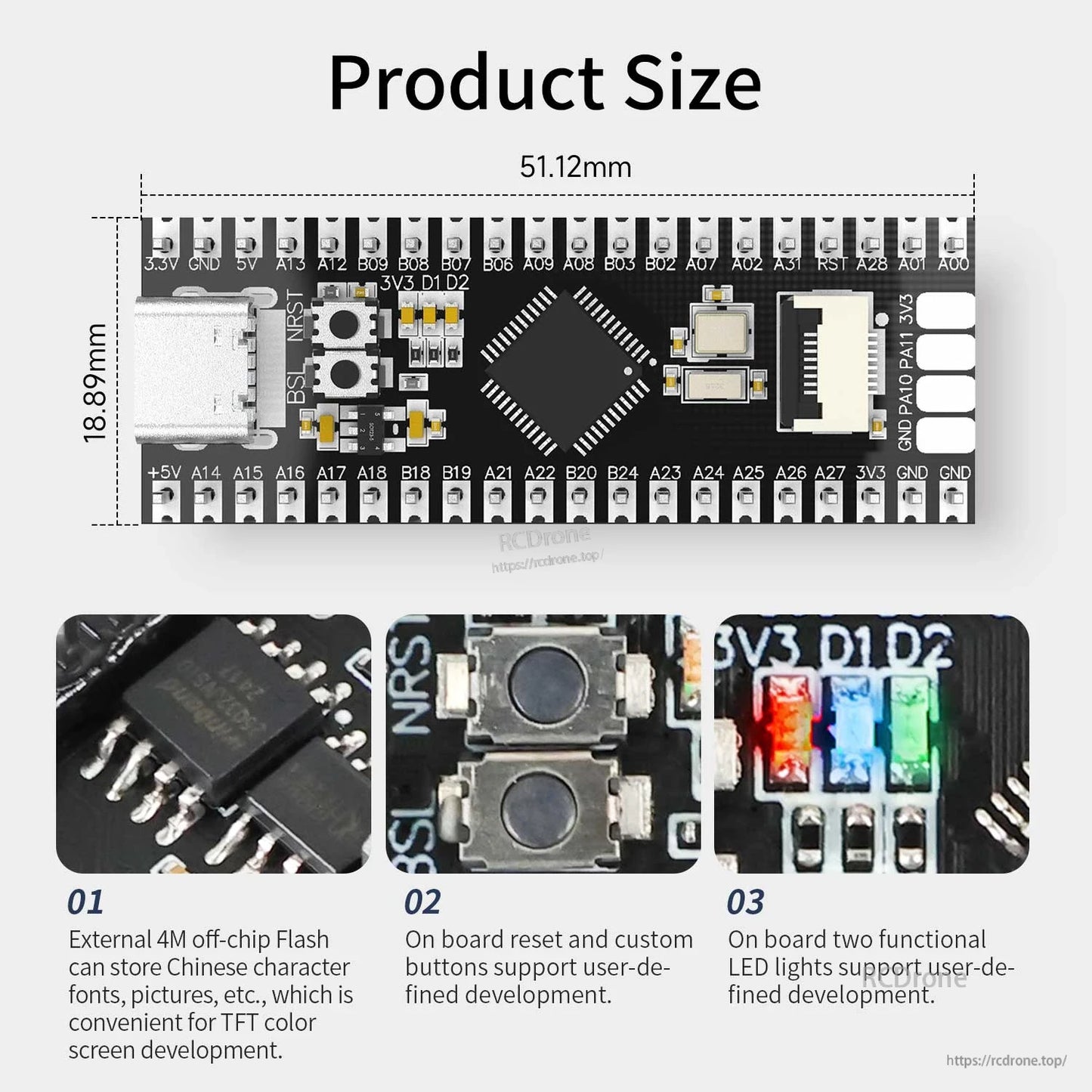 Product size diagram for MSPM0G3507 board (51.12 x 18.89 mm) with close-ups of buttons and RGB LEDs