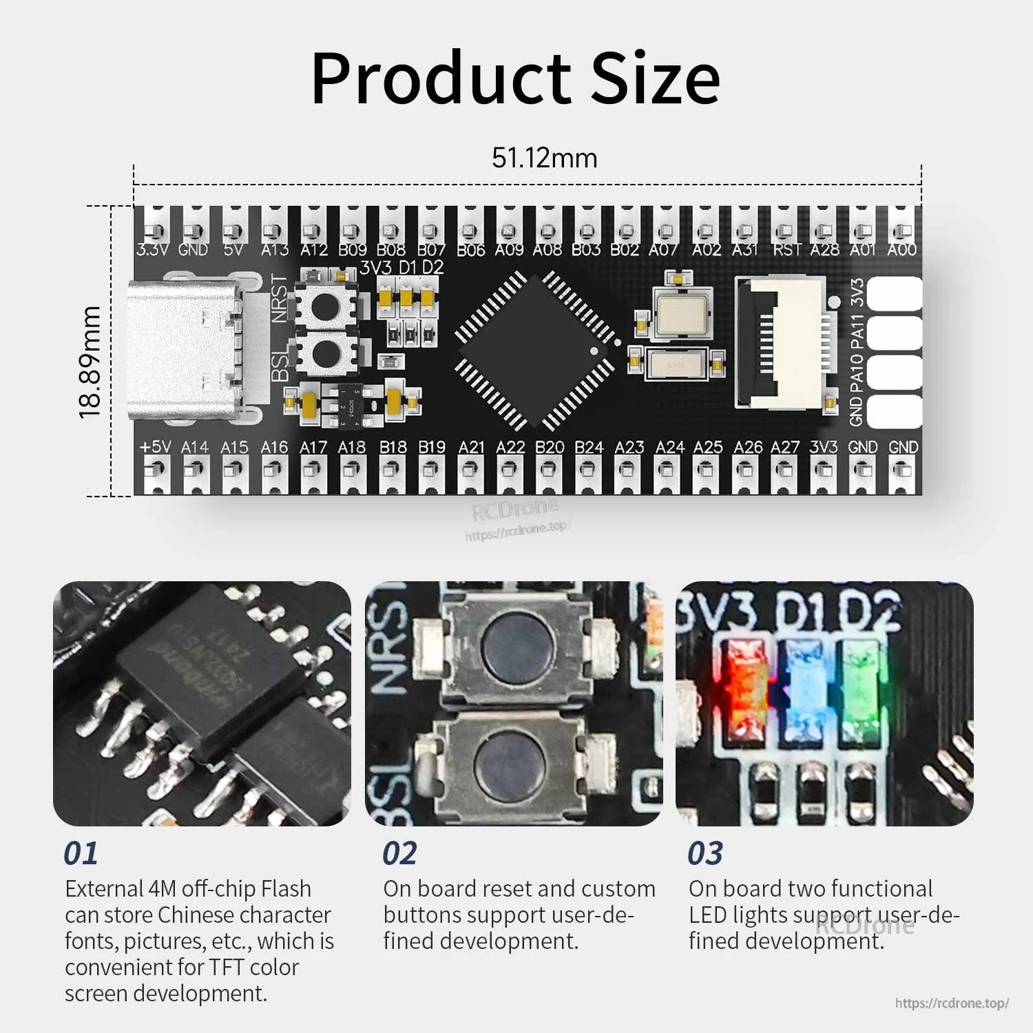 Product size diagram for MSPM0G3507 board (51.12 x 18.89 mm) with close-ups of buttons and RGB LEDs