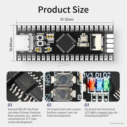 Product size diagram for MSPM0G3507 board (51.12 x 18.89 mm) with close-ups of buttons and RGB LEDs