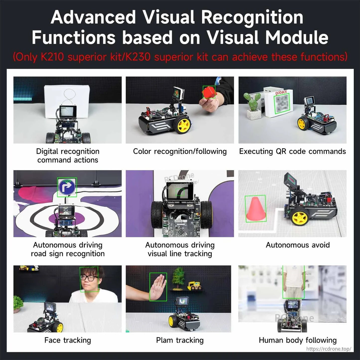 Visual module functions chart showing recognition tasks, line tracking, obstacle avoidance, and tracking demos