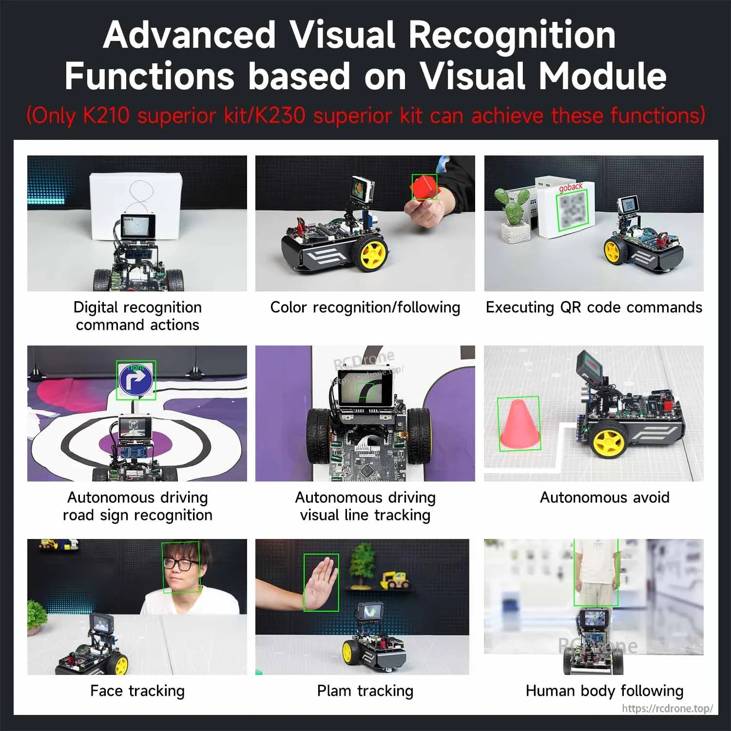 Visual module functions chart showing recognition tasks, line tracking, obstacle avoidance, and tracking demos