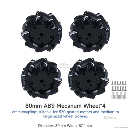 80mm ABS mecanum wheel set of 4 with 6mm couplings and screws, diameter and width listed